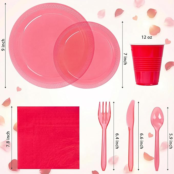 WELLIFE 210 PCS Clear and Red Plastic Plates for 30 Guests - Disposable Dinnerware Set Including Dinner Plates, Dessert Plates, 12oz Cups, Cutlery & Napkins, Red Party Plates for Valentines