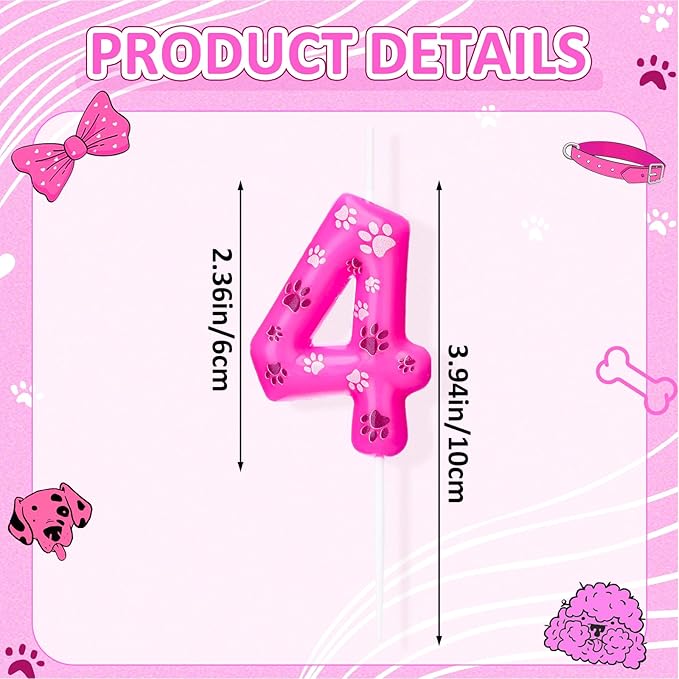 Conelist Number 4 Dog Paw Birthday Candles Toppers Candles Rose Red, Pink, Purple Numeral Birthday Cake Topper for 4 Year Old Boy Girl Paw Birth Day Decoration Pet Party Supplies