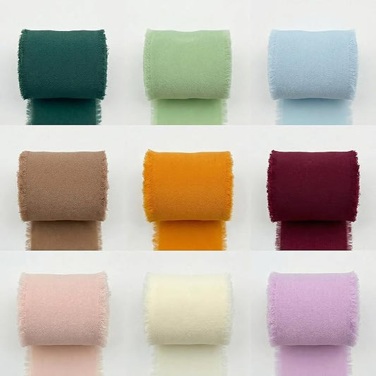 9 Pack Chiffon Ribbon 1.5 Inch x 22.5 Yards Total, Handmade Fringe Silk Ribbon for DIY Crafts, Junk Journal Supplies, Gift Wrapping, Wedding Invitations and Corsage Wristlet
