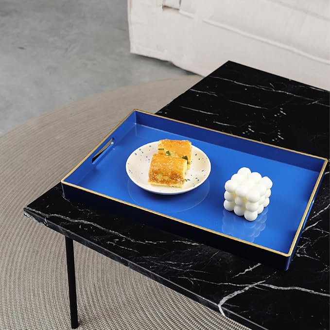 Blue Decorative Coffee Table Tray, Rectangular Plastic Serving Tray with Handles for Living Room, Ottoman, Bathroom, 15.7"*10.2"