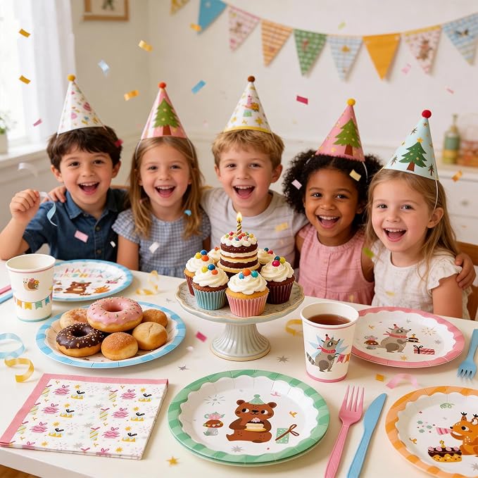 144Pcs Forest Woodland Animal Birthday Party Supplies Decorations Paper Plates Napkins Vintage Party Tableware Disposable Jungle Dinnerware Set for Kids Birthday Baby Shower Table Decor, Serve 24