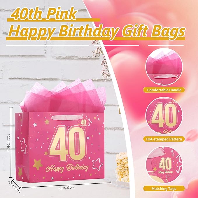 Powbrace 13" Pink 40th Birthday Gift Bag with Tissue Paper and Greeting Card for Party,Happy Birthday Gift Bag for Men Women,Gift Bags Medium size(1 Pink 40th)