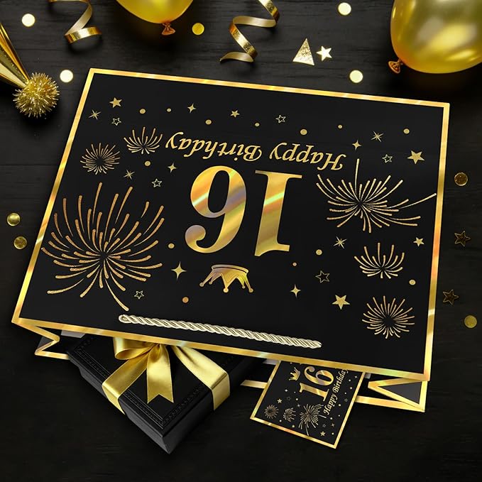 JMANNI Black Gold 16th Birthday Gift Bag with Card and Tissue Paper, 12.6"×9.84"×3.9" Elegant Present Bag for Teens, 16 Year Old Birthday Keepsake Party Supplies