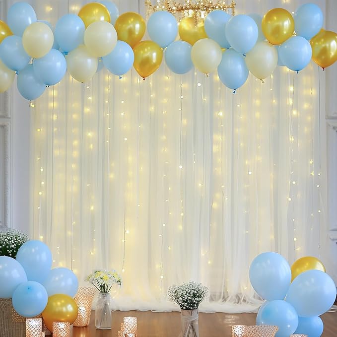 30x8ft Ivory Tulle Backdrop Curtain with Lights String for Parites, Sheer Backdrop Curtains for Wedding Baby Shower Birthday Party Photo Shoot Decorations