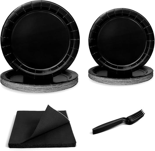 96 Pcs Party Plates, Black Paper Plates and Napkins, Disposable Tableware Set, Party Supplies for Kids Birthday Baby Shower Wedding Picnic, Serve for 24 Guests