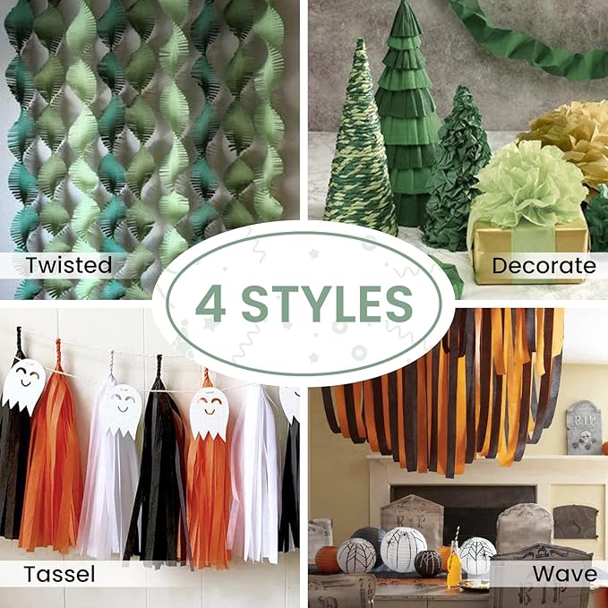 PartyWoo Green and Orange Crepe Paper Streamers 6pcs 492ft Pack of Sage Dark Green Burnt Orange Sand White Crepe Paper Streamers for Birthday Baby Shower Woodland Dinosaur Jungle Party Decorations