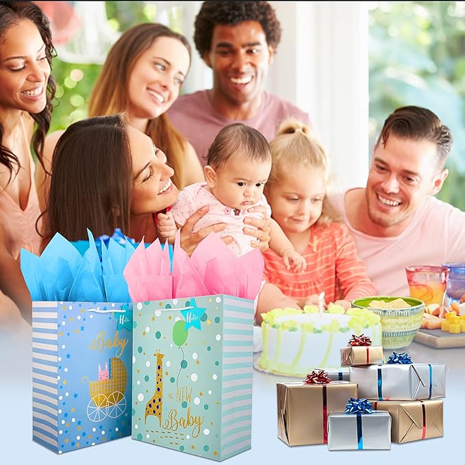 Gift Bag for Baby Boy,12.6" Large Gift Bags with Tissue Paper,Gift Bag for Baby Shower Bag with Gold Foil Design, Paper Gift Bag for Newborn,Baby,New Moms,Gift Wrap Baby Shower Bag for Baby Boy Baby Girl,Baby Birthday Gift Bags with Handles,Cute Presen...