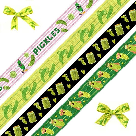 4 Rolls Pickles Ribbons, 5/8" x 20 Yard Cucumber Printed Grosgrain Ribbon Funny Pickle Party Decorations Green Pink Stripe Pickle Theme Craft Ribbons Kind of A Big Dill Theme Decoration