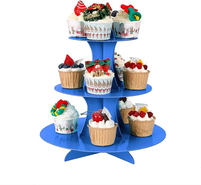 YLDW Cupcake Stand 2Pcs, 3-Tier Cupcake Stand Display, Cardboard Cup Cake Tower Stand, Disposable Dessert Stand for Birthday Tea Party Baby Shower Treat Decorations, Blue