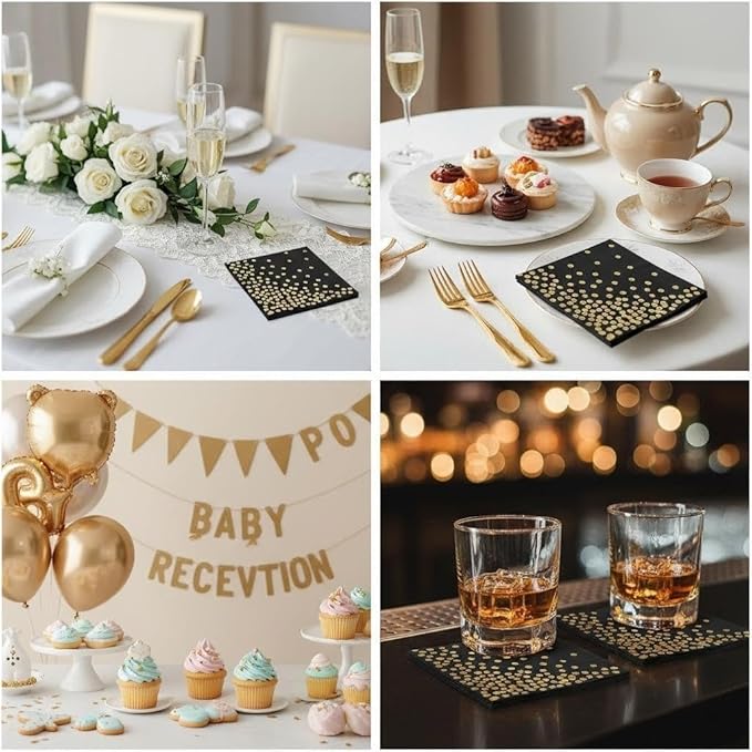 100 Pack Balck Gold Cocktail Napkins with Gold Foil Polka Dot, 3-Ply Party Paper Napkins, 5 x 5 Inches Bar Napkin Disaposable for Weddings, Birthdays, Baby Showers, Anniversaries, and Cocktail Parties