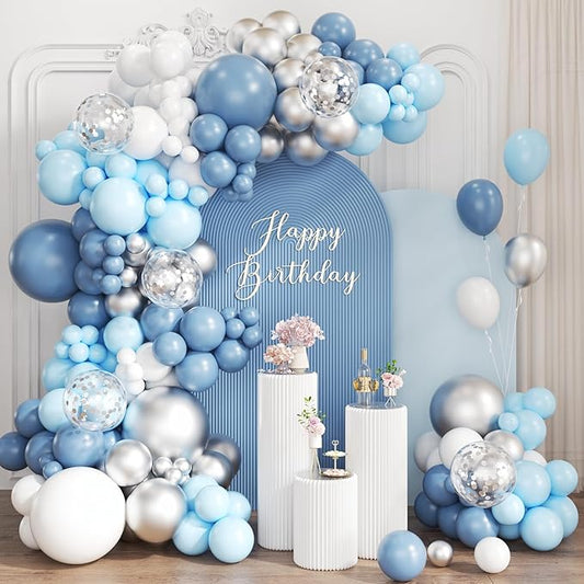 Dusty Blue White Silver Balloon Garland Arch Kit, 167Pcs Latex Balloons Different Sizes 15 12 10 5 inch for Baby Shower Gender Reveal Birthday Engagement Party Decorations