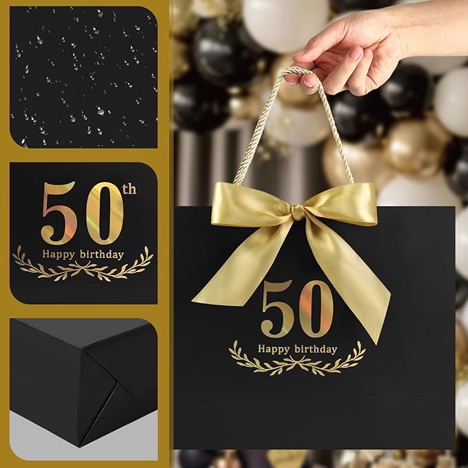 JMANNI Black Gold 50th Birthday Gift Bag with Card and Tissue Paper, 12.6"×9.84"×3.9" Elegant Present Bag for Men Women, 50 Year Old Birthday Keepsake Party Supplies