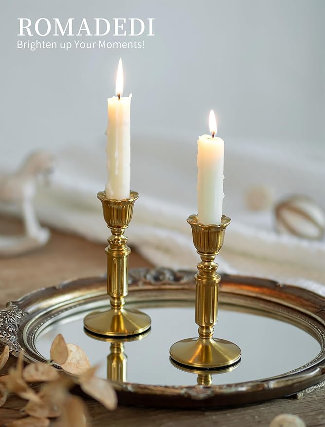 Gold Candle Holders Vintage Decor - Romadedi Solid Brass Candlestick Taper Holder for Wedding Christmas Table Centerpiece Mantel Home Decoration 5.5 Inch Set of 2