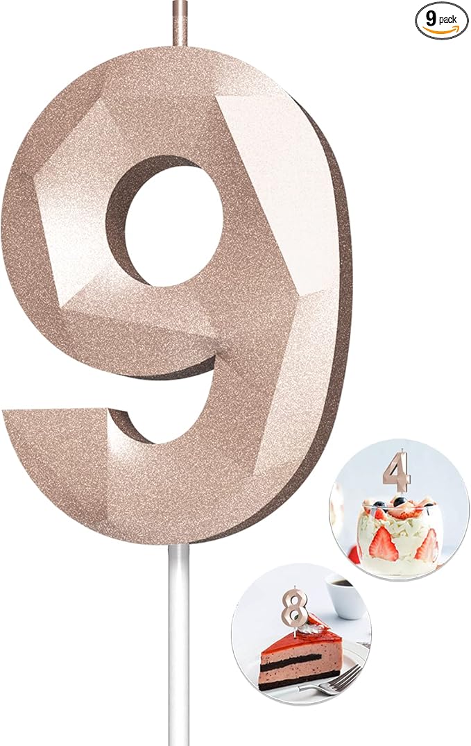 Number Birthday Candles(9 Candle Rose Gold) 3D Diamond Shape Number Happy Birthday Cake Candles for Birthday Party Wedding Decoration Reunions Theme Party