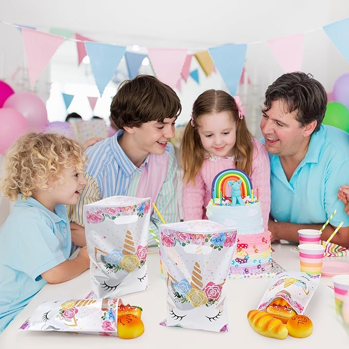 PintreeLand 30PCS Unicorn Party Favor Bags, Plastic Small Goodie Gift Candy Bags with Handle for Birthday Pink Theme Party