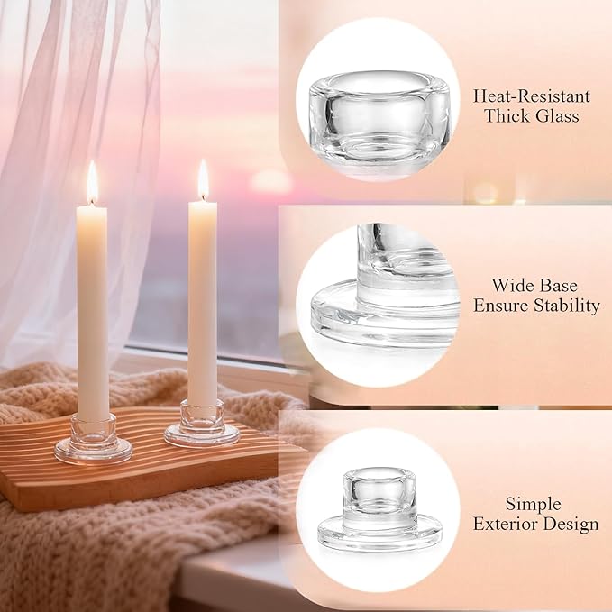 24 Pcs Glass Taper Candle Holders Clear Small Candlestick Holder Bulk Short Glass Candle Sticks Set for Wedding Christmas Party Dining Table Centerpiece Decor