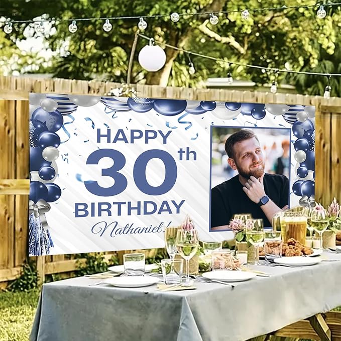Custom Birthday Banner Personalized with Pictures and Name, Unique Backdrop Decoration for Husband or Him, Happy Birthday Party Banner for Men Women Celebrations