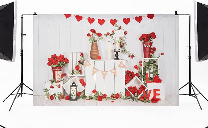 Kate Valentine Photo Backdrop Heart Backdrop with Rose Valentine Decorations for Party, Children, Home, 8x8ft