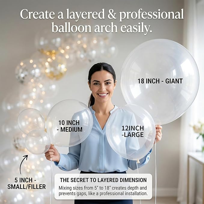 140pcs Clear Balloon Garland Arch Kit, 18/12/10/5 Inch Premium Transparent Balloons for Graduation 2026, Wedding, Baby Shower, Anniversary, Birthday Party Decorations