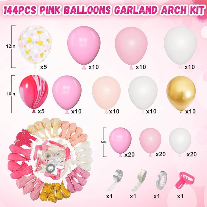 Amandir 144Pcs Pink Balloons Garland Arch Kit Light Pink Gold White Confetti Latex Metallic Balloons for Mothers Day Girl Birthday Baby Shower Wedding Graduation Party Decorations Supplies