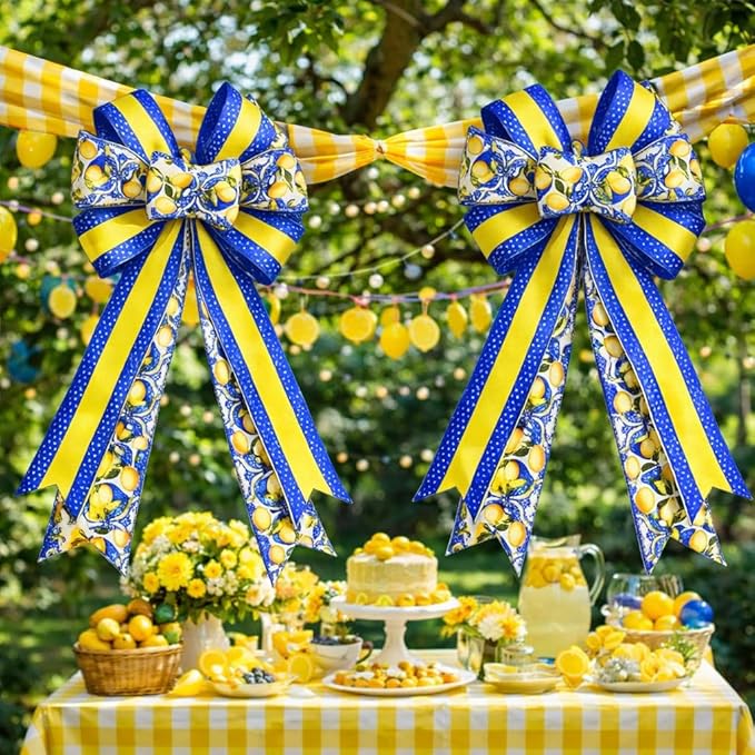 4 Rolls Lemon Wired Edge Ribbon, 2.5 Inch x 20 Yards Summer Yellow Lemon Print Grosgrain Ribbon for Wreath Bow Making, Gift Wrapping, DIY Crafts, Baby Shower, Party Decorations (Blue Lemon)