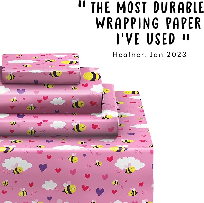 CENTRAL 23 Pink Wrapping Paper - 6 Sheets Of Gift Wrap - Bumble Bee And Heart Design - Girls Wrapping Paper For Birthday Baby Shower Valentine's Day - Recyclable