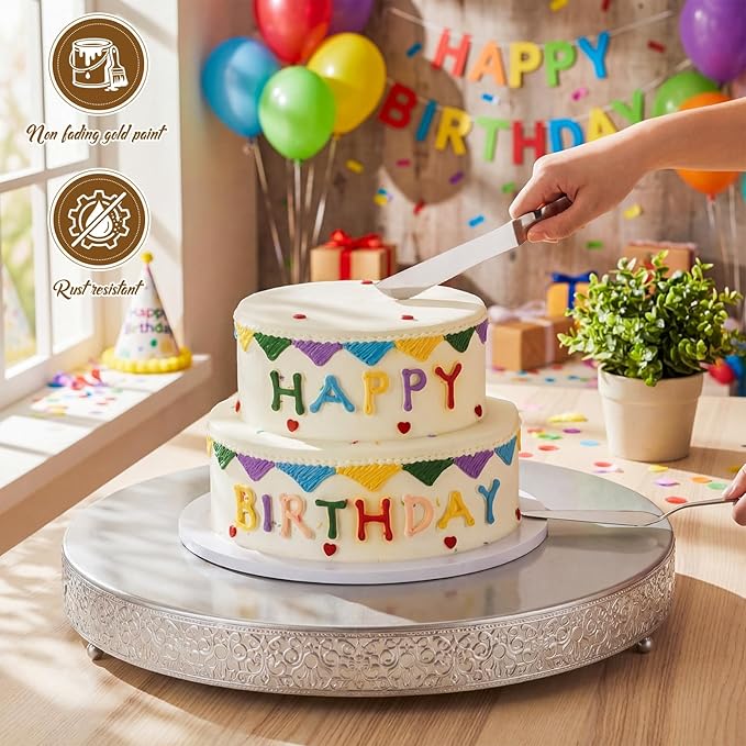 Wenqik 20 Inch Silver Cake Stand Set Metal Round Cupcake Dessert Stand with Cake Cutting, Spatula Wedding Cupcake Pastry Display Candy Holder Display for Wedding Party Birthday Baby Shower(Classic)