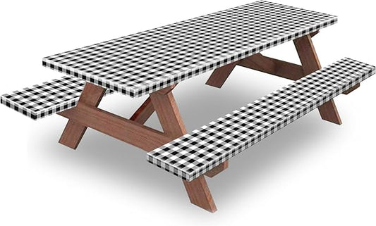 5ft Picnic Table and Bench Cover, Camping Essentials RV Gear, 60 in Waterproof Windproof Outdoor Elastic All Around Tablecloth, Fitted Rectangle Tables and Seats, Black-White Checkered