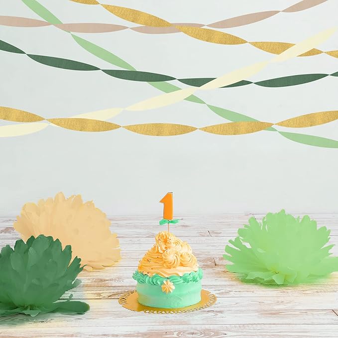 10 Rolls Crepe Paper Streamers 820ft, 5 Colors Green Sage Streamers Gold White and Brown Crepe Paper Streamer Baby Shower Decoration for Jungle Woodland Boho Wedding Birthday Party Supplies