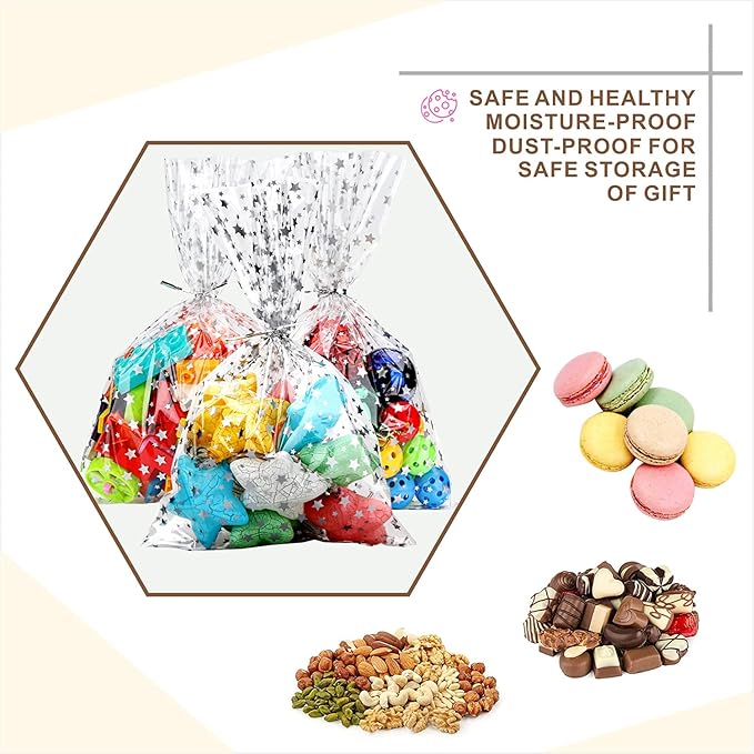 100Pcs 6×10 Inch Silver Star Clear Cellophane Treat Bags, Plastic Candy Bags with 100 Silver Twist Ties, for Cookies, Bakery, Party Favors, Gift Wrapping, Wedding & Holiday Use