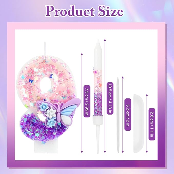 AKURIEEY Butterfly 9th Birthday Candle Purple Number 9 Candle with 6 Pcs Long Candles for Girls Cake Topper Cupcake Decor Party Decoration Anniversary Celebrations Supplies