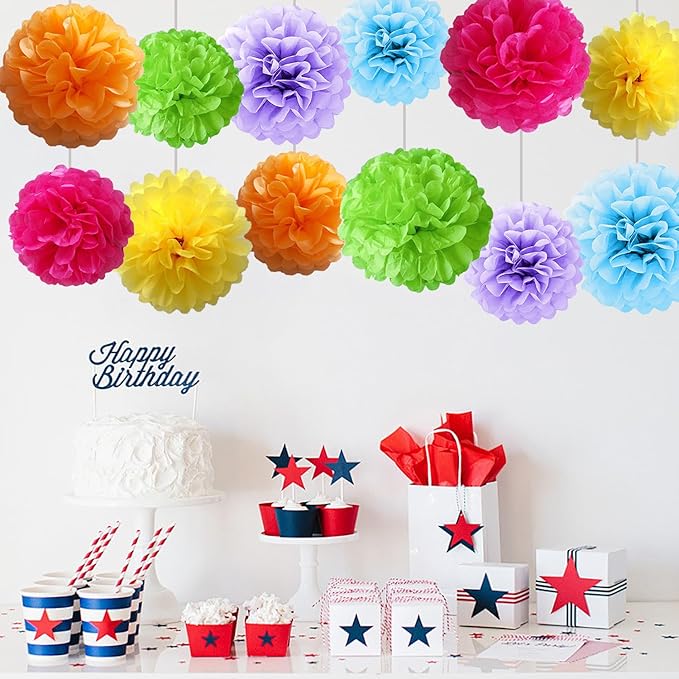 12 Pcs Tissue Paper Pom Poms Flowers for Birthday Party Mexican Party Fiesta Classroom Playroom Festive Decorations