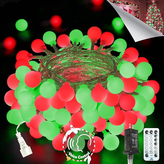 2026 New Connectable 43FT Smart Voice Controlled String Lights Indoor Outdoor | 100LED Red and Green Globe Fairy Lights with Remote, 12 Modes Waterproof Hanging Light for Bedroom Classroom Decor