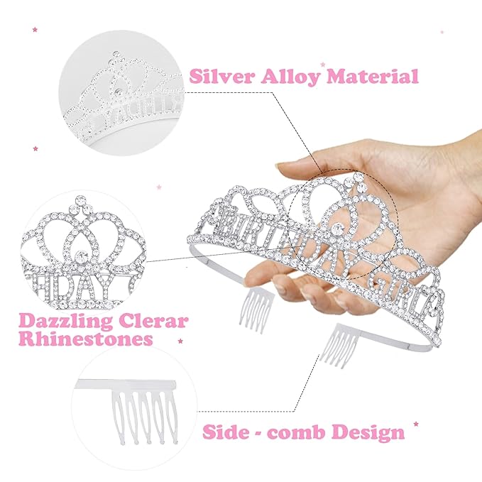 CIEHER Birthday Girl Crown and Birthday Sash Silver Birthday Tiara for Women Birthday Girl Headband Princess Crown Birthday Decorations Birthday Crown and Sash Rhinestone Happy Birthday Accessories Birthday Gifts