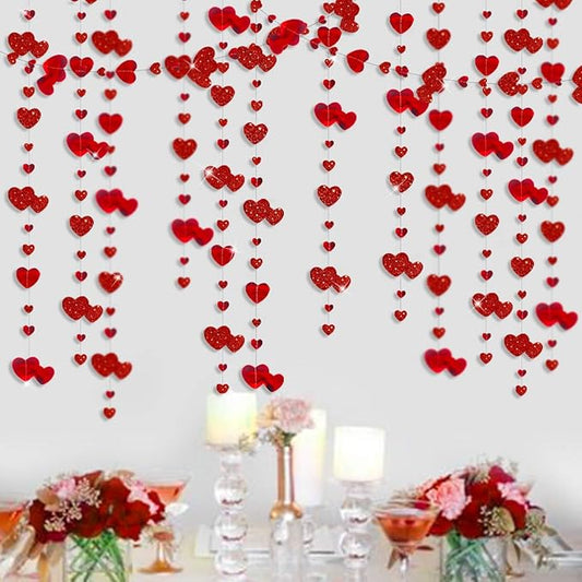 52Ft Valentines Day Party Decorations Red Heart Garland Metallic Glitter Hanging Heart Streamer Banner for Anniversary Mother's Day Engagement Wedding Bridal Shower Bachelorette Hen Party Supplies