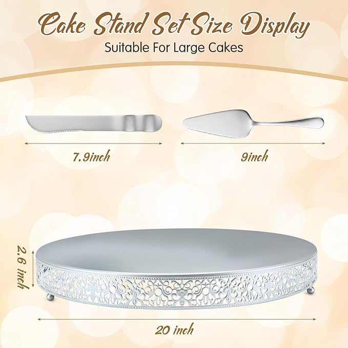 Wenqik 20 Inch Silver Cake Stand Set Metal Round Cupcake Dessert Stand with Cake Cutting, Spatula Wedding Cupcake Pastry Display Candy Holder Display for Wedding Party Birthday Baby Shower(Classic)