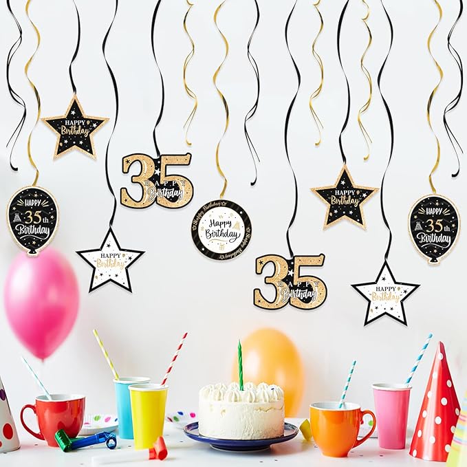 Happy 35th Birthday Black & Gold Glitter Swirls Streamers Party Decorations - 15 Pcs 35th Birthday Hanging Swirls Streamers Kit,Perfect for 35th Bday Party Sign.