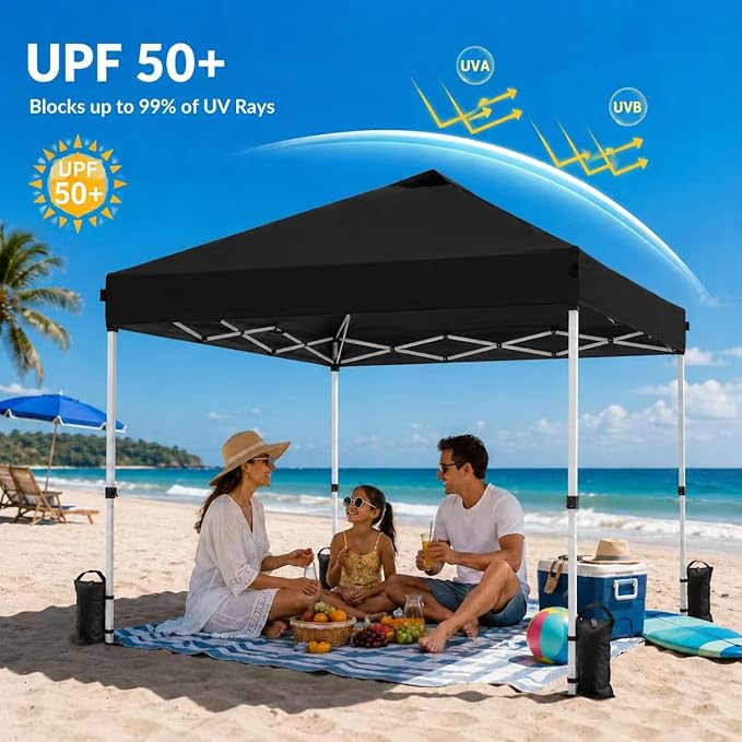 10x10 Pop Up Canopy Tent, Waterproof UV Blocking Heavy Duty Steel Frame with Wheeled Bag & Sandbags, One-Person Setup, Ideal for Outdoor Beach, Party, Camping, Backyard, Tailgate Events (Black)