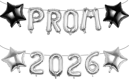 Prom 2026 Balloons Decorations, 16 Inch Foil Letter Number Balloons with 18 Inch Black Silver Star Balloons for High School College Graduation Gift Retirement Ins Photo Party Supplies