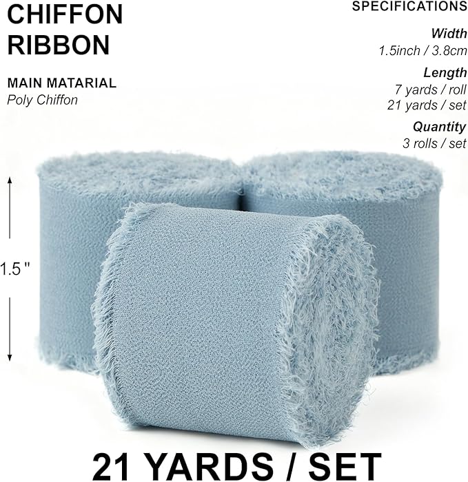 Dusty Blue Chiffon Ribbon 1.5" x 21 Yd Handmade Fringe Silk Chiffon Fabric Ribbon for Gift Wrapping Wedding Invitation Bridal Flower Bouquet DIY Crafts Home Decor