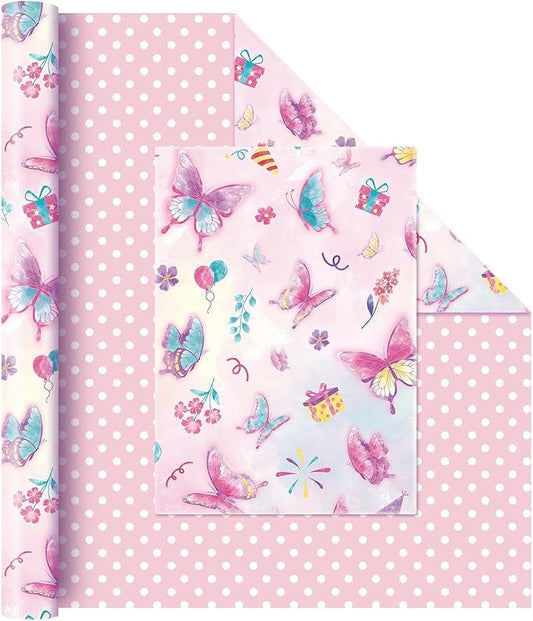 WERNNSAI Butterfly Wrapping Paper Roll - 1 Roll 17” x 33 ft Butterfly Fairy Wrapping Paper Pink Purple Flower Gift Packing for Kids Girls Birthday Baby Shower Bridal Shower Decor Reversible Polka Dot