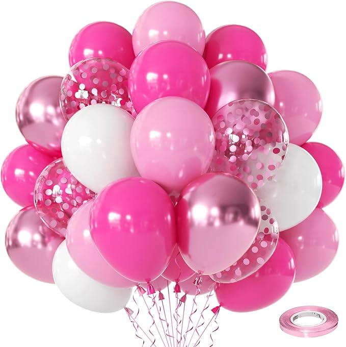 Hot Pink White Balloons Set, Include 50pcs 12inch Pastel Light Pink Confetti White Latex Balloons and Metallic Pink Balloon with Ribbons for Birthday Wedding Princess Party Decorations