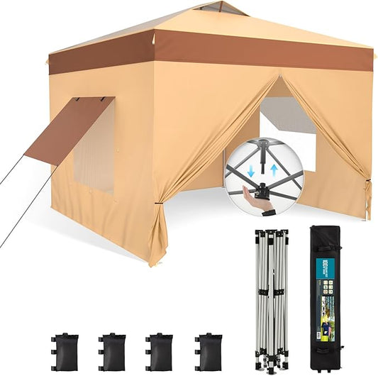 Sophia & William Canopy Tent Pop Up 10x10 ft One Person Push Set Up Canopies with 4 Sidewalls, Outdoor Shelter Heavy Duty Straight Legs with 4 Sandbags & 1 Roller Bag, 8 Stakes & 4 Guy Ropes, UPF50+