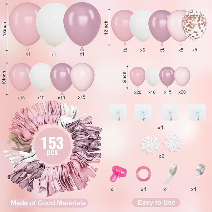 Amandir 153pcs Pink White Balloons Arch Garland Kit Different Sizes 18 12 10 5inch Pastel Light Latex Metallic Confetti Pink Balloons Mothers Day Shower Wedding Bow Coquette Birthday Party Decorations