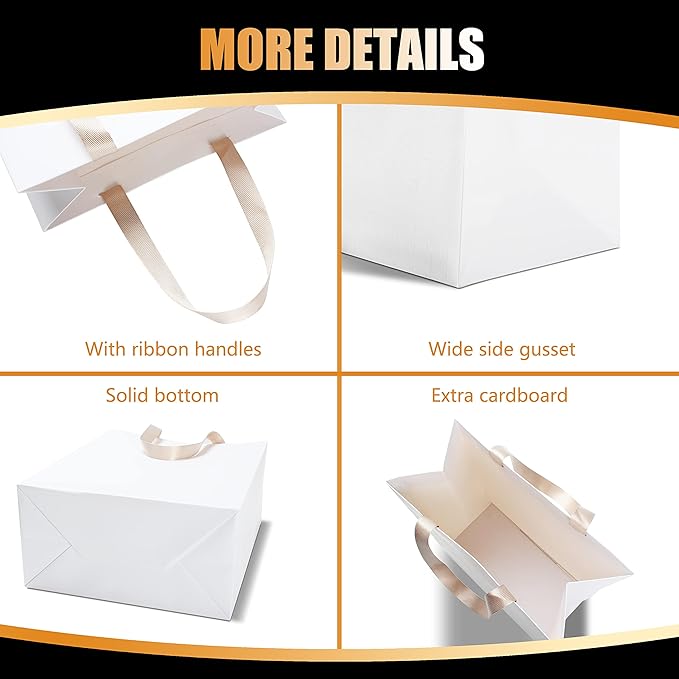 White Kraft Bags with Handles, 10Pcs 10"x5"x13" Large White Paper Gift Bags, Wedding & Birthday Occasion