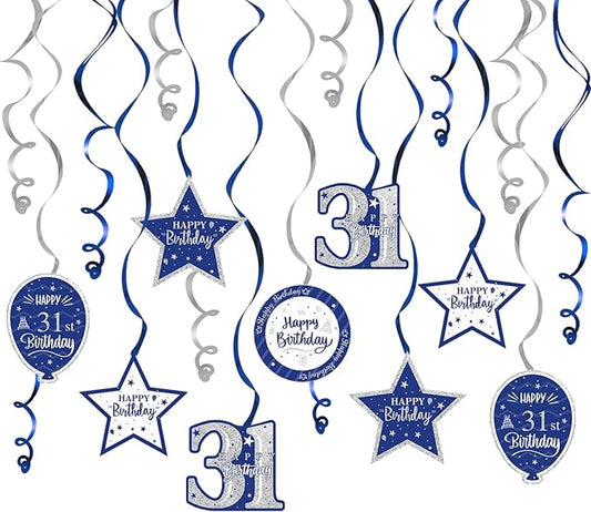 Happy 31st Birthday Blue & Silver Glitter Swirls Streamers Party Decorations - 15 Pcs 31st Birthday Hanging Swirls Streamers Kit,Perfect for 31st Bday Party Sign.