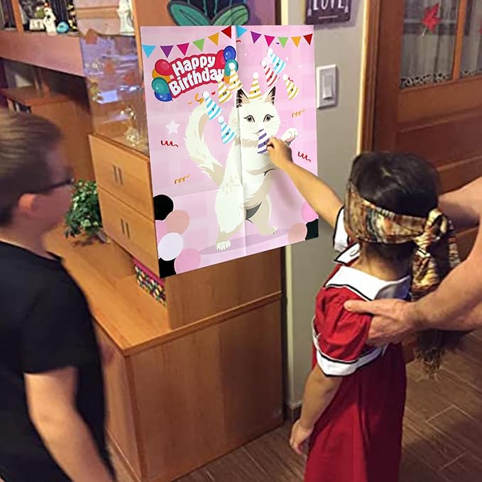 PARTYLOUD Cat Birthday Party Games, Pin The Hat on The Cat, Cat Themed Pet Party Games Toddlers Preschool Party Supplies Favors for Boys Girls Adults 24 Guests