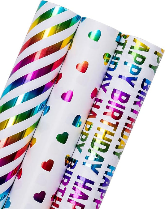WRAPAHOLIC Heart Wrapping Paper Roll - Mini Roll - 3 Rolls - 17 inch x 120 inch Per roll - Colorful Foil Birthday Wrapping Paper for Valentine's Day, Kids Girls Birthday, Baby Shower