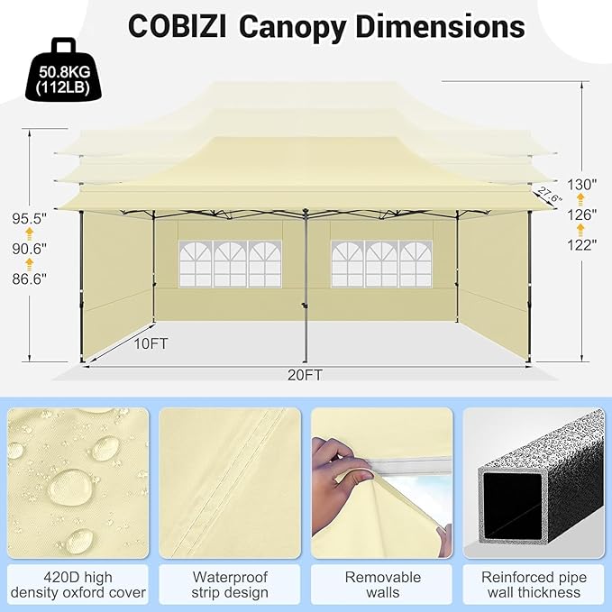 COBIZI 10x20 Pop Up Canopy Tent Heavy Duty with Awning, Outdoor Commercial Canopy with Sidewalls, Waterproof UPF 50+ All Season, Vendor Tent for Market and Party, Khaki