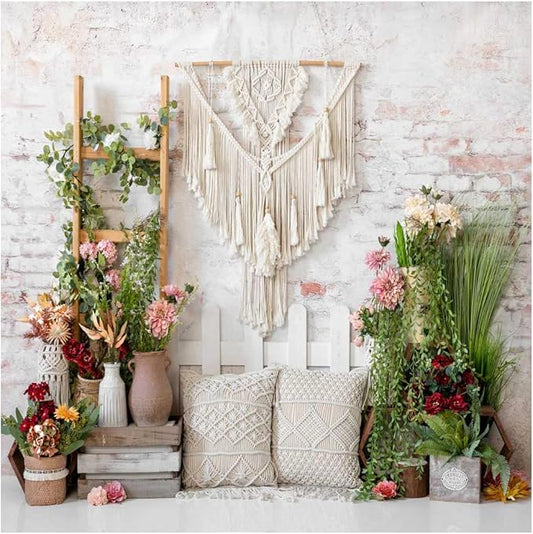 Kate 6.5x6.5ft Spring Colorful Flowers Backdrops for Photography Bohemian Pillow Brick Wall Background Green Leaves Backgrounds Baby Shower Birthday Party Decoration Backdrop